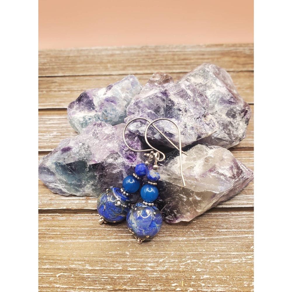 Blue Lampwork, Apatite, Lapis Lazuli, and Sterling Silver Earrings
